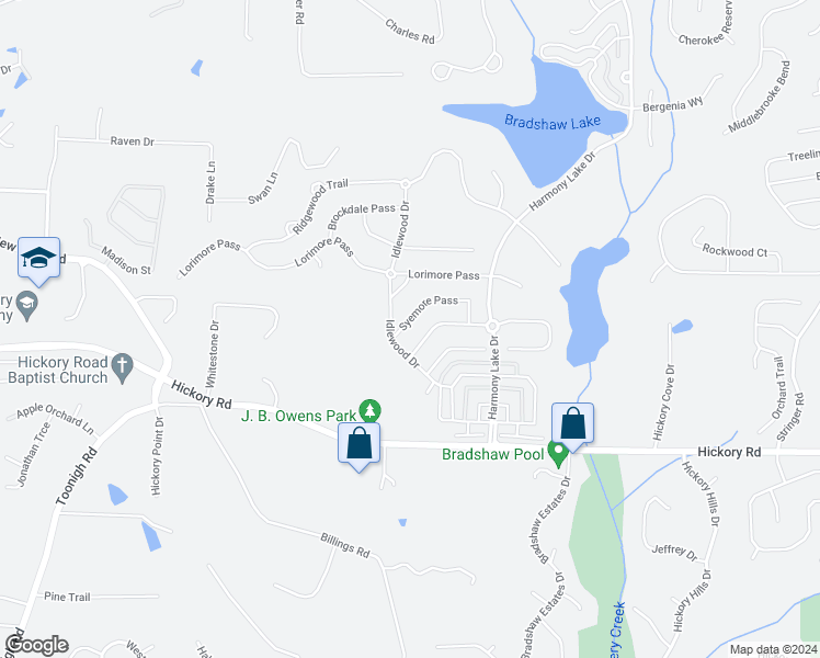 map of restaurants, bars, coffee shops, grocery stores, and more near 608 Syemore Pass in Canton
