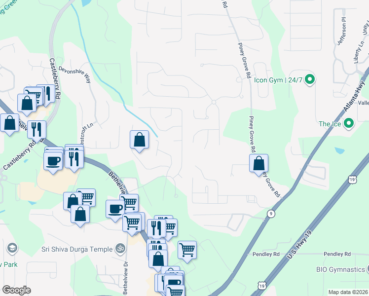 map of restaurants, bars, coffee shops, grocery stores, and more near 6290 Waveland Drive in Cumming