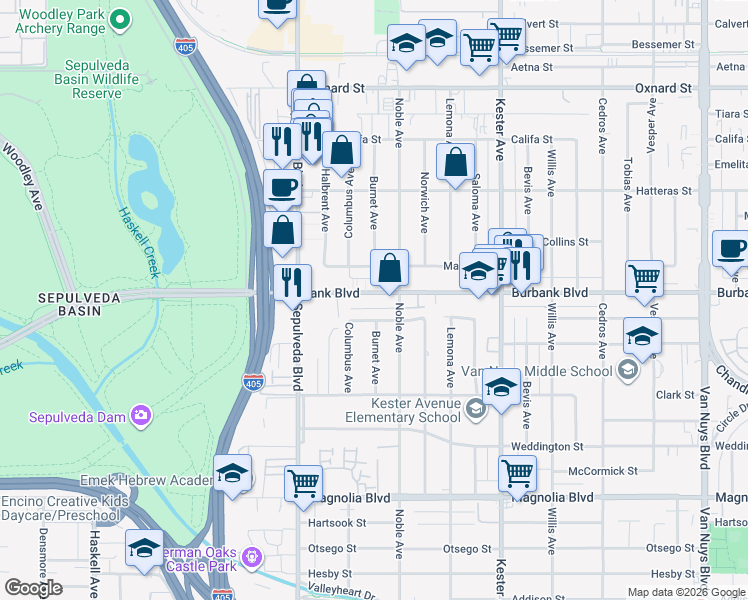 map of restaurants, bars, coffee shops, grocery stores, and more near in Los Angeles