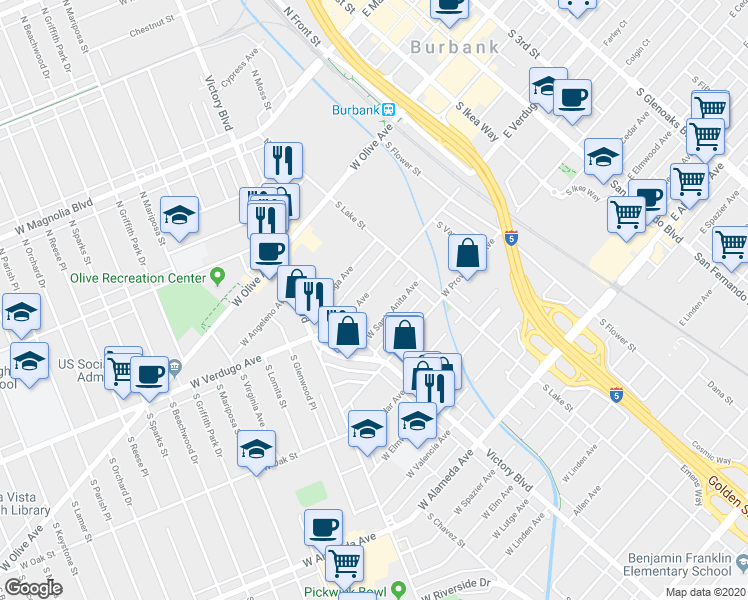 map of restaurants, bars, coffee shops, grocery stores, and more near 246 West Verdugo Avenue in Burbank