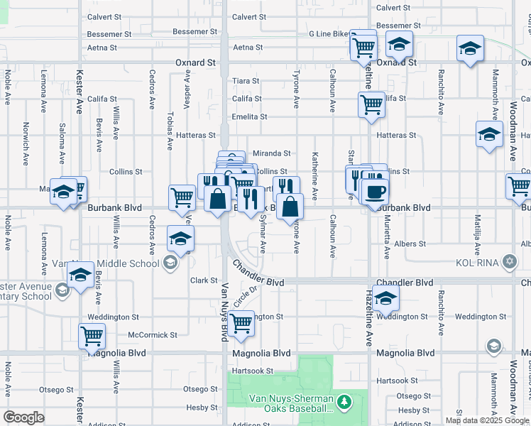 map of restaurants, bars, coffee shops, grocery stores, and more near 14348 Burbank Boulevard in Los Angeles