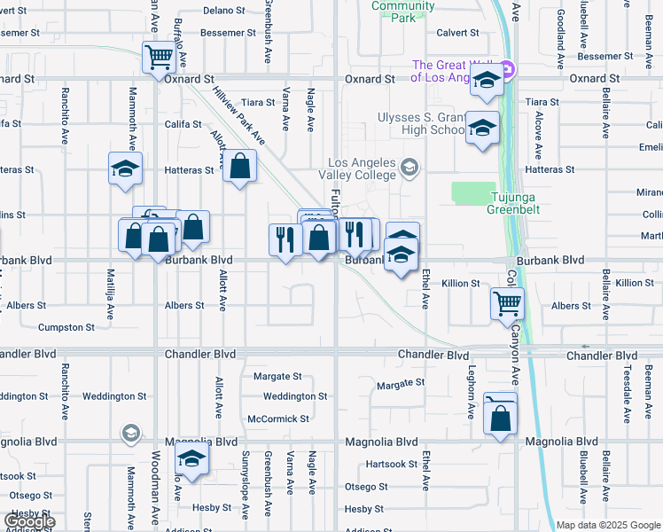 map of restaurants, bars, coffee shops, grocery stores, and more near 13329 Killion Street in Los Angeles