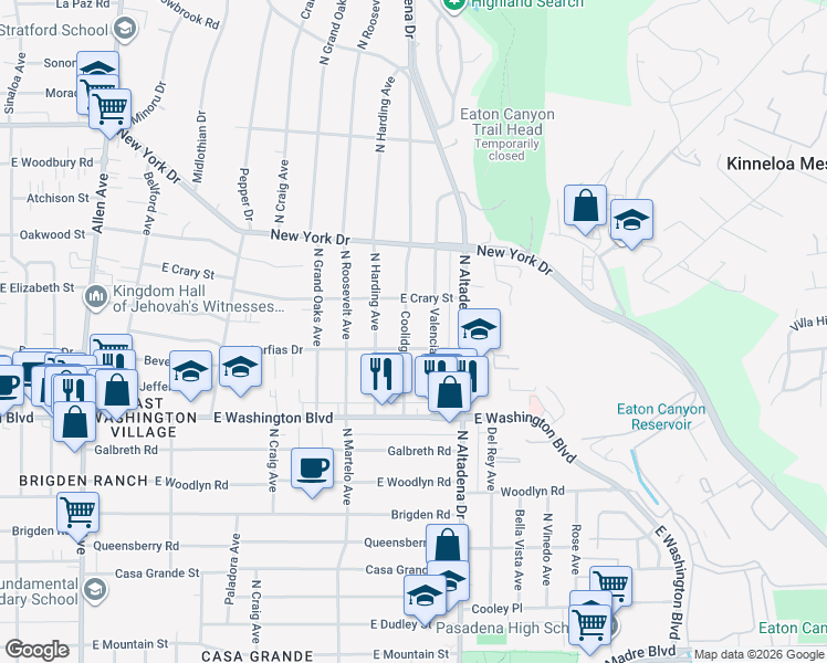 map of restaurants, bars, coffee shops, grocery stores, and more near 1492 Coolidge Avenue in Pasadena