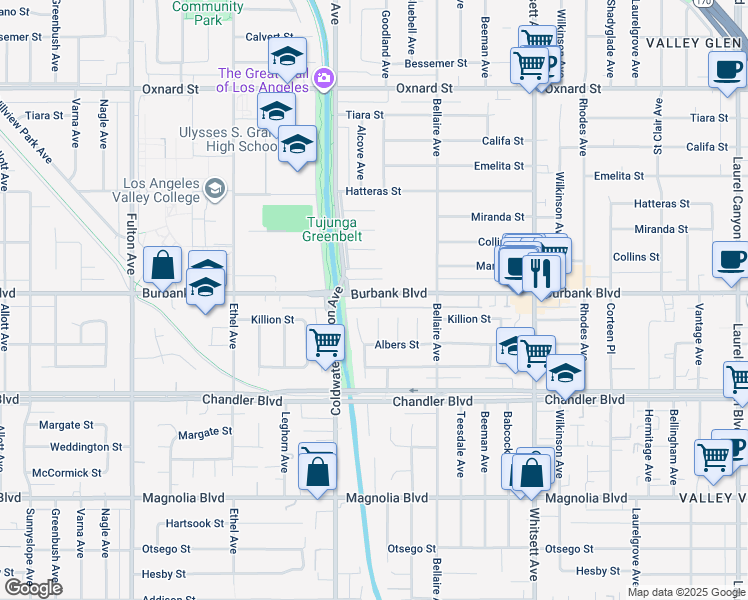 map of restaurants, bars, coffee shops, grocery stores, and more near 12830 Burbank Boulevard in Los Angeles