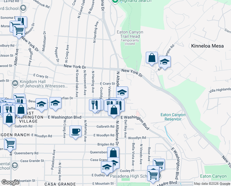 map of restaurants, bars, coffee shops, grocery stores, and more near 1489 North Altadena Drive in Pasadena