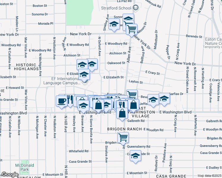 map of restaurants, bars, coffee shops, grocery stores, and more near 1757 Beverly Drive in Pasadena