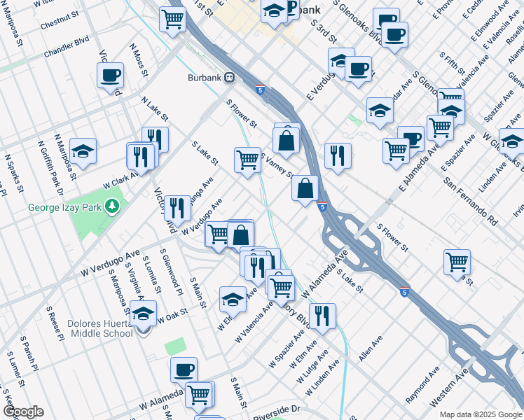 map of restaurants, bars, coffee shops, grocery stores, and more near 210 West Providencia Avenue in Burbank