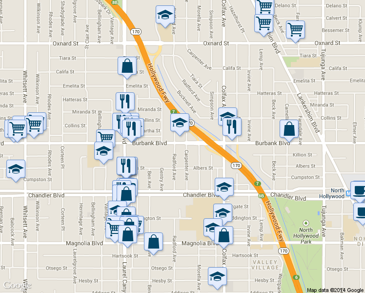 map of restaurants, bars, coffee shops, grocery stores, and more near 5536 Radford Avenue in Los Angeles