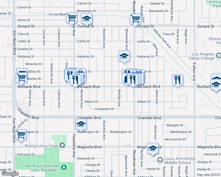 map of restaurants, bars, coffee shops, grocery stores, and more near 5540 Cantaloupe Avenue in Los Angeles