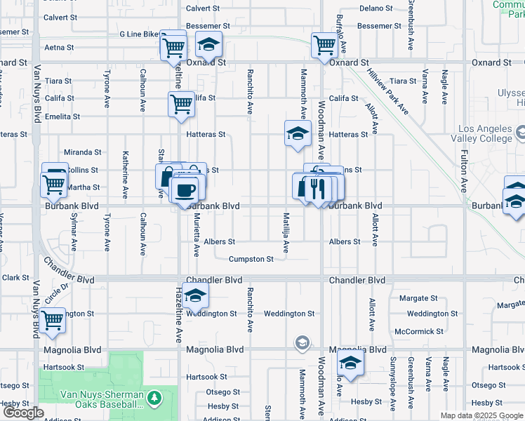 map of restaurants, bars, coffee shops, grocery stores, and more near 5538 Ranchito Avenue in Los Angeles