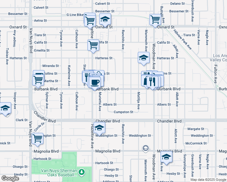 map of restaurants, bars, coffee shops, grocery stores, and more near 5541 Colbath Avenue in Los Angeles