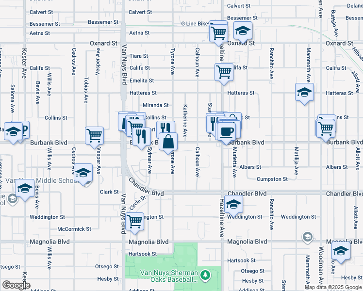 map of restaurants, bars, coffee shops, grocery stores, and more near 5496 Katherine Avenue in Los Angeles