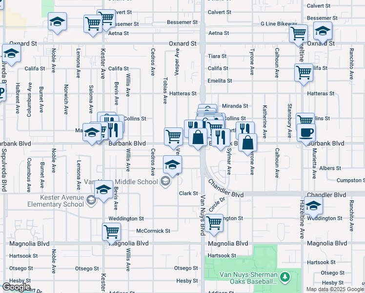 map of restaurants, bars, coffee shops, grocery stores, and more near 14549 Killion Street in Los Angeles