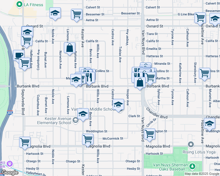 map of restaurants, bars, coffee shops, grocery stores, and more near 14707 Killion Street in Los Angeles