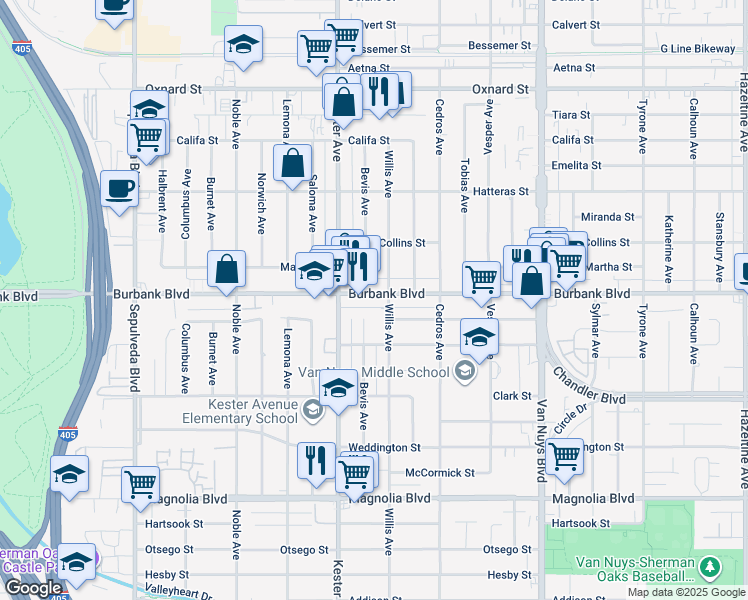 map of restaurants, bars, coffee shops, grocery stores, and more near 5537 Bevis Avenue in Los Angeles