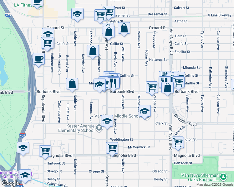 map of restaurants, bars, coffee shops, grocery stores, and more near 5537 Bevis Avenue in Los Angeles
