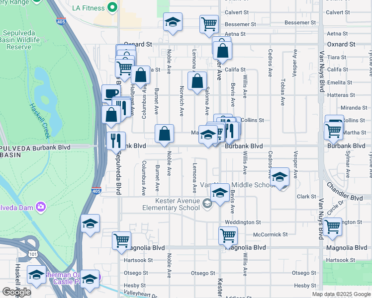 map of restaurants, bars, coffee shops, grocery stores, and more near 15039 Killion Street in Los Angeles
