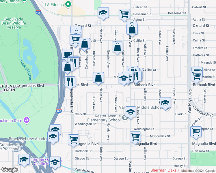 map of restaurants, bars, coffee shops, grocery stores, and more near 15039 Killion Street in Los Angeles