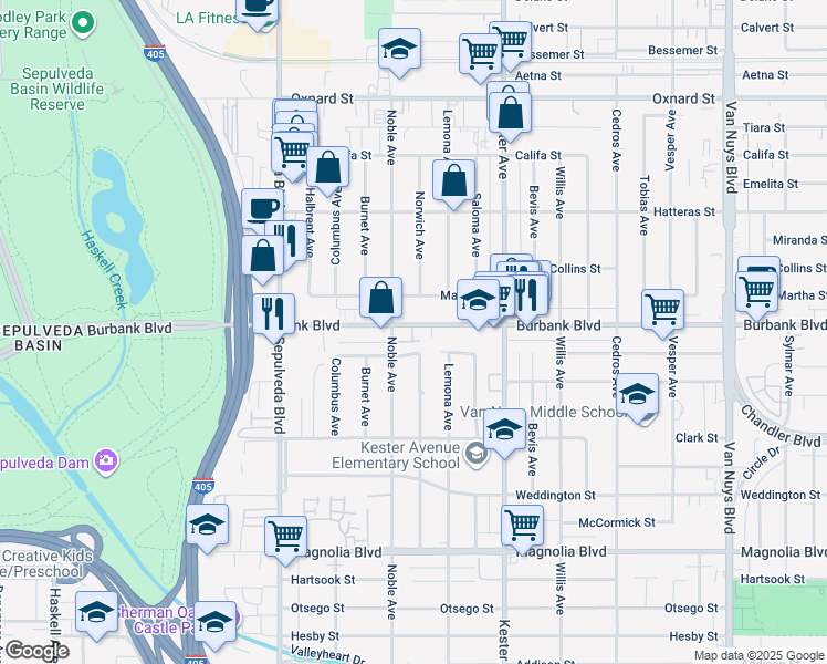 map of restaurants, bars, coffee shops, grocery stores, and more near 15039 Killion Street in Los Angeles