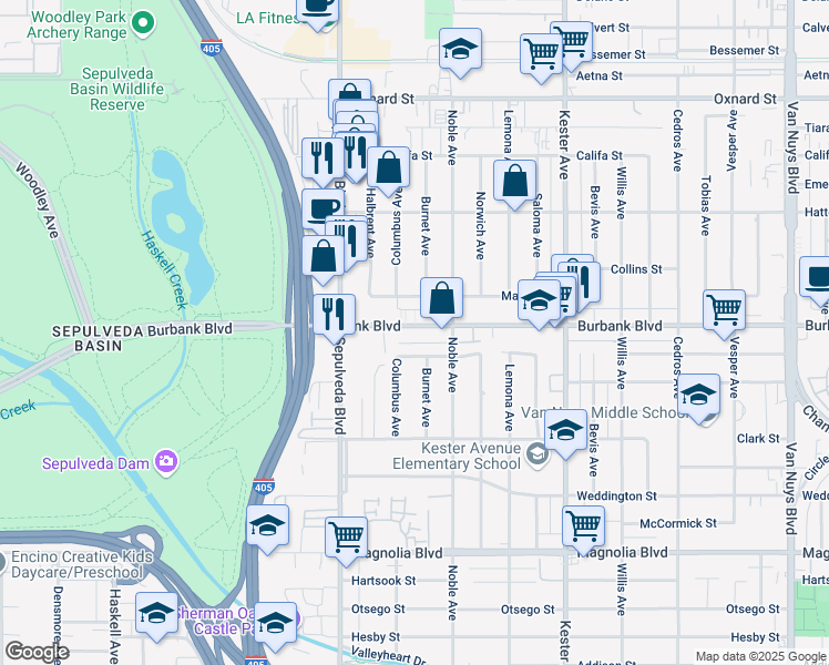 map of restaurants, bars, coffee shops, grocery stores, and more near 15161 Killion Street in Los Angeles