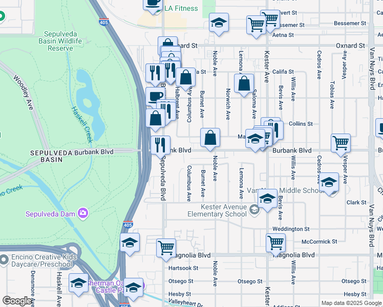 map of restaurants, bars, coffee shops, grocery stores, and more near 15161 Killion Street in Los Angeles