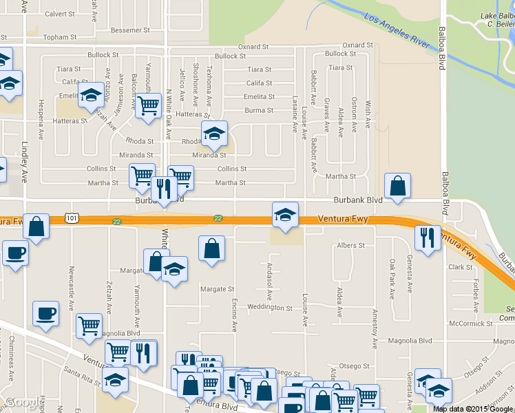 map of restaurants, bars, coffee shops, grocery stores, and more near 5534 Encino Avenue in Los Angeles