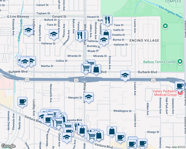 map of restaurants, bars, coffee shops, grocery stores, and more near 17600 Burbank Boulevard in Los Angeles