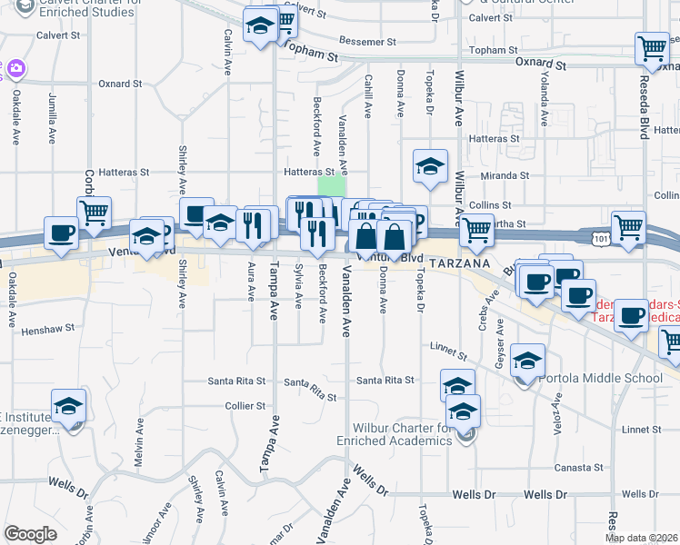 map of restaurants, bars, coffee shops, grocery stores, and more near 5528 Beckford Avenue in Los Angeles