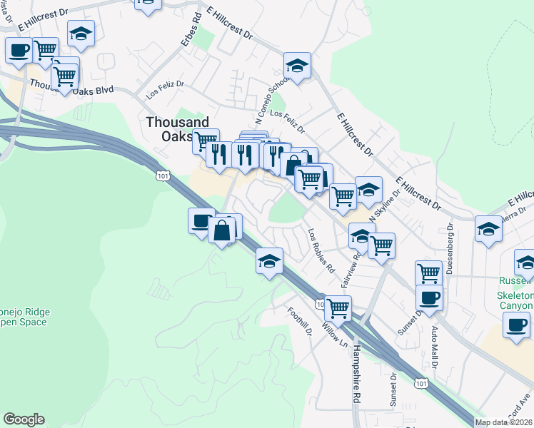 map of restaurants, bars, coffee shops, grocery stores, and more near 2471 Thunderbird Drive in Thousand Oaks