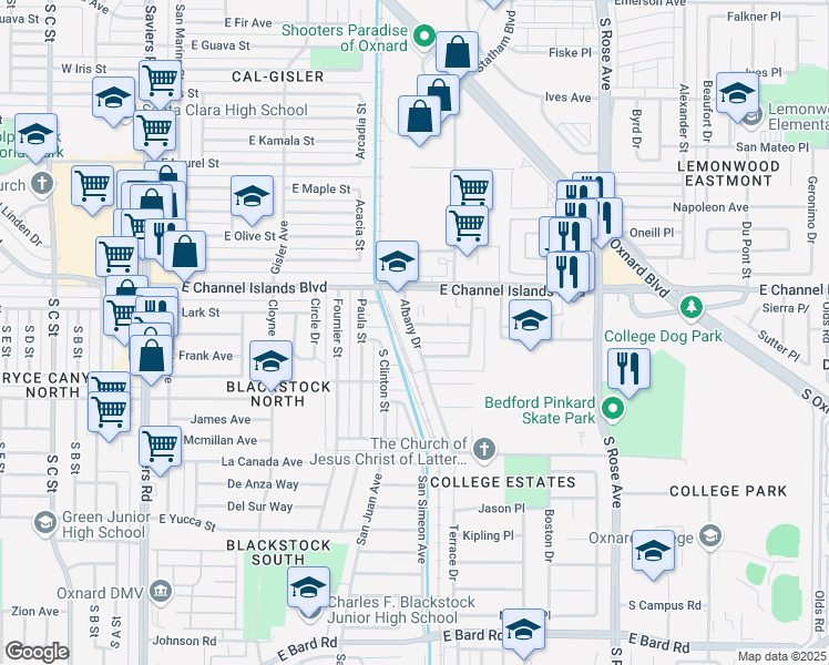 map of restaurants, bars, coffee shops, grocery stores, and more near 3033 Albany Drive in Oxnard