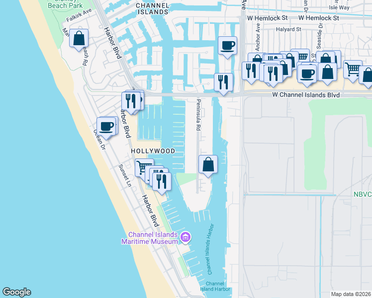map of restaurants, bars, coffee shops, grocery stores, and more near 3101 Peninsula Road in Oxnard