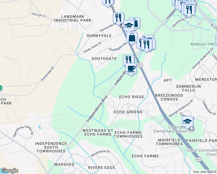 map of restaurants, bars, coffee shops, grocery stores, and more near 3960 Independence Boulevard in Wilmington