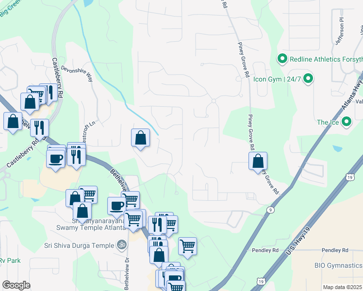 map of restaurants, bars, coffee shops, grocery stores, and more near 6290 Waveland Drive in Cumming