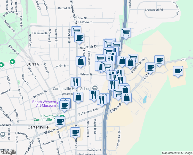 map of restaurants, bars, coffee shops, grocery stores, and more near 241 Nelson St in Cartersville