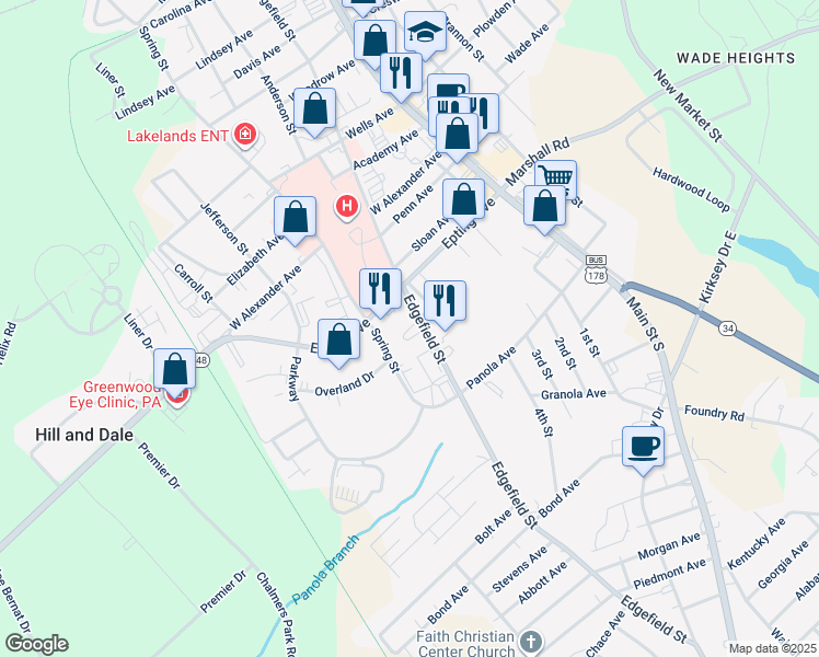 map of restaurants, bars, coffee shops, grocery stores, and more near Greenwood Avenue in Greenwood