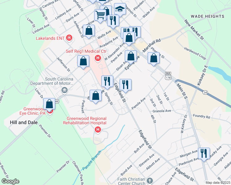 map of restaurants, bars, coffee shops, grocery stores, and more near Greenwood Avenue in Greenwood