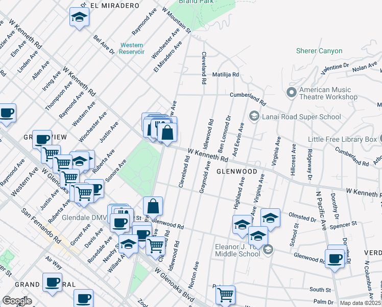 map of restaurants, bars, coffee shops, grocery stores, and more near 932 West Kenneth Road in Glendale