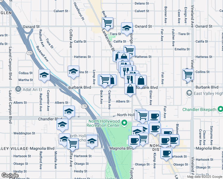 map of restaurants, bars, coffee shops, grocery stores, and more near 11473 Killion Street in Los Angeles