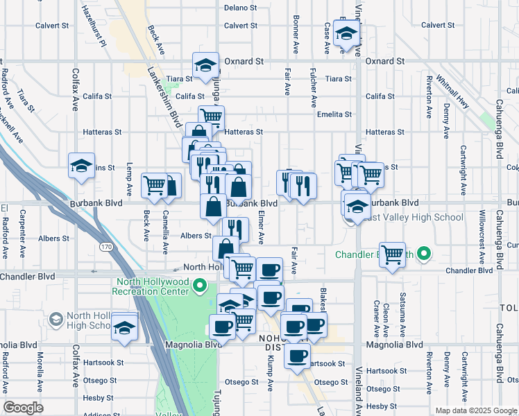 map of restaurants, bars, coffee shops, grocery stores, and more near 11316 Burbank Boulevard in Los Angeles
