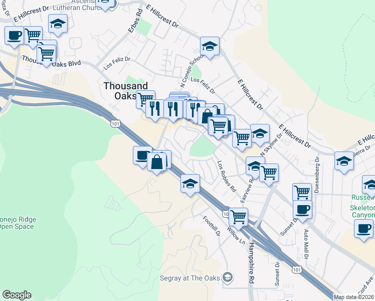 map of restaurants, bars, coffee shops, grocery stores, and more near 2426 Pleasant Way in Thousand Oaks