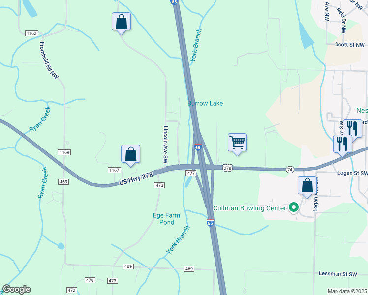 map of restaurants, bars, coffee shops, grocery stores, and more near 300 Benchmark Way in Cullman