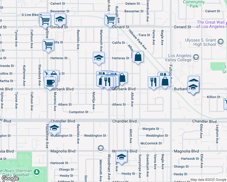 map of restaurants, bars, coffee shops, grocery stores, and more near 13646 Burbank Boulevard in Los Angeles