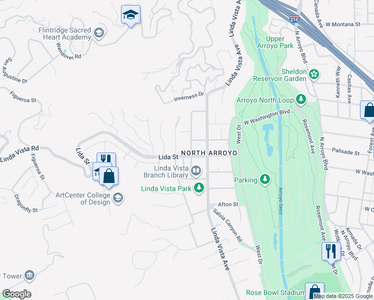 map of restaurants, bars, coffee shops, grocery stores, and more near 1415 Ontario Avenue in Pasadena