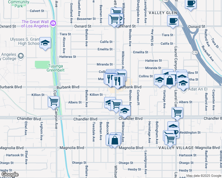 map of restaurants, bars, coffee shops, grocery stores, and more near 12518 Burbank Boulevard in Los Angeles