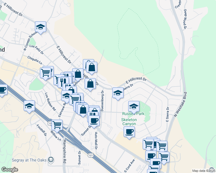 map of restaurants, bars, coffee shops, grocery stores, and more near 3131 East Hillcrest Drive in Westlake Village
