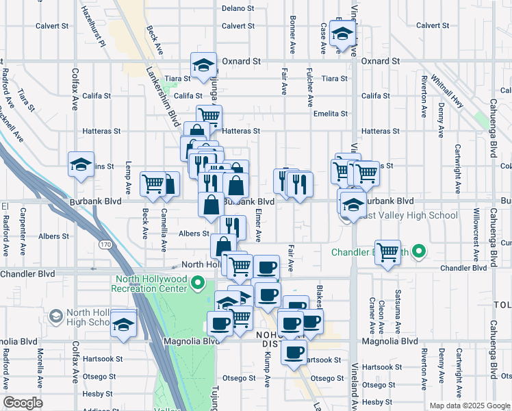 map of restaurants, bars, coffee shops, grocery stores, and more near 11316 Burbank Boulevard in Los Angeles