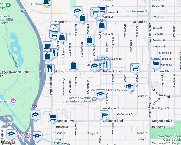map of restaurants, bars, coffee shops, grocery stores, and more near 14955 Killion Street in Los Angeles