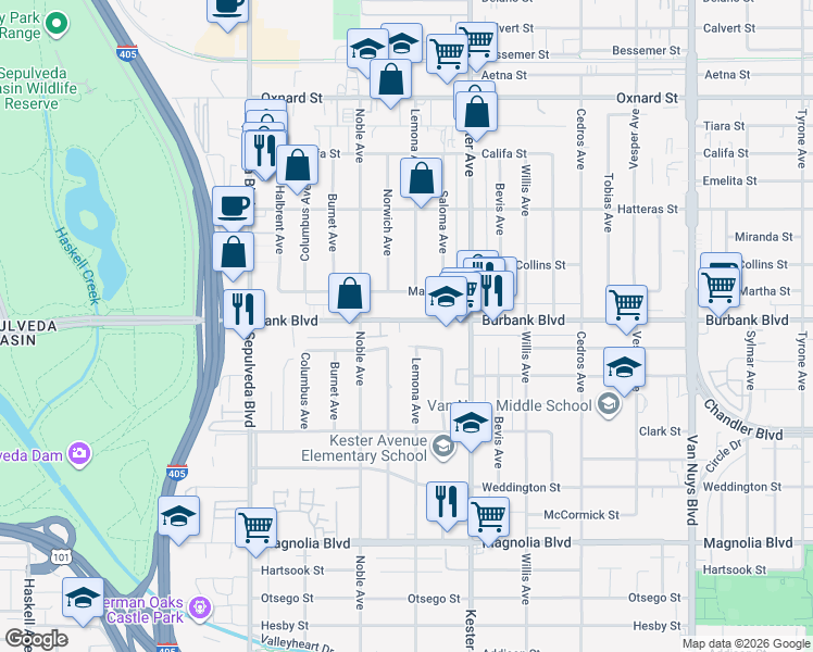 map of restaurants, bars, coffee shops, grocery stores, and more near 14955 Killion Street in Los Angeles