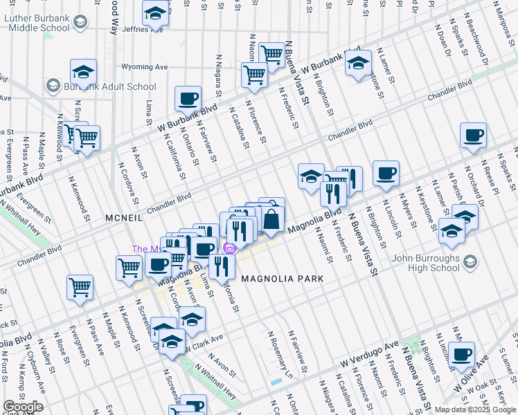 map of restaurants, bars, coffee shops, grocery stores, and more near 946 North Niagara Street in Burbank