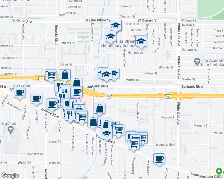 map of restaurants, bars, coffee shops, grocery stores, and more near 18100 Burbank Boulevard in Los Angeles